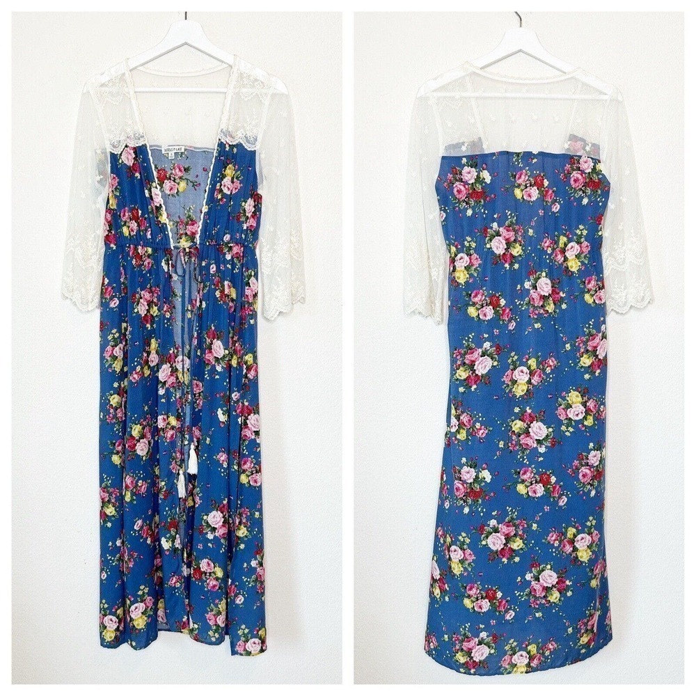 Tassels n Lace Blue Floral Lace Tie Waist Duster Kimono S